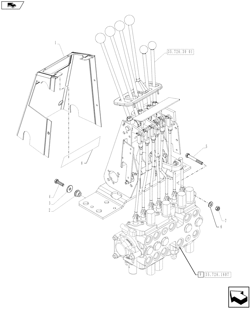 Схема запчастей Case 590SN - (35.726.1910) - BACKHOE CONTROL VALVE, 7-SPOOL, MOUNTING PARTS, EXTENDABLE DIPPER, W/ FOOT SWING CONTROLS (35) - HYDRAULIC SYSTEMS