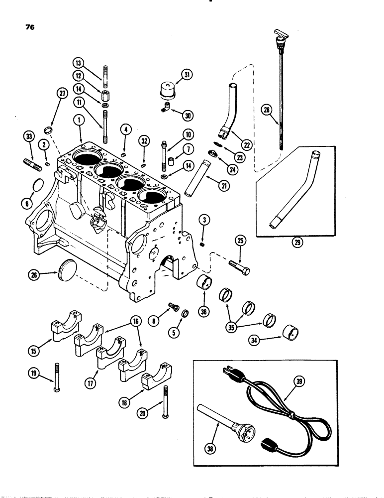 Схема запчастей Case 1845 - (076) - CYLINDER BLOCK, (188) DIESEL ENGINE, ENGINE SERIAL NO. 2836084 AND AFTER, BLOCK HEATER (10) - ENGINE