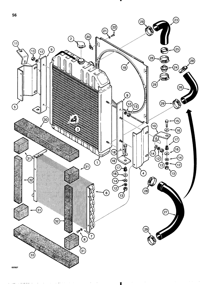 Схема запчастей Case 1845B - (056) - RADIATOR, HOSES, AND SHROUD, MODELS WITH LONG RADIATOR SUPPORTS (ITEM 9) (02) - ENGINE