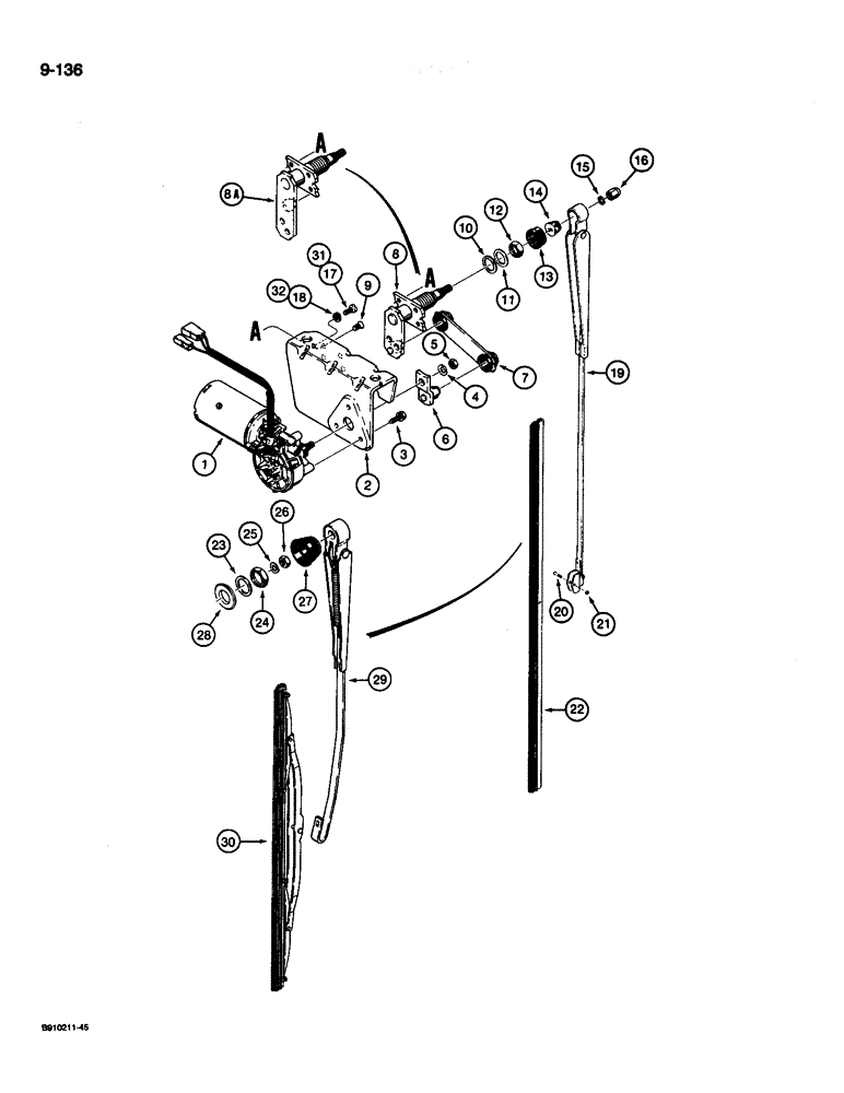 Схема запчастей Case 680L - (9-136) - CAB FRONT WINDSHIELD WIPER (09) - CHASSIS/ATTACHMENTS