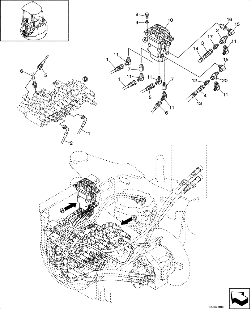 Схема запчастей Case CX25 - (08-10[00]) - HYDRAULICS - PILOT CONTROL LINES, TRAVEL (08) - HYDRAULICS