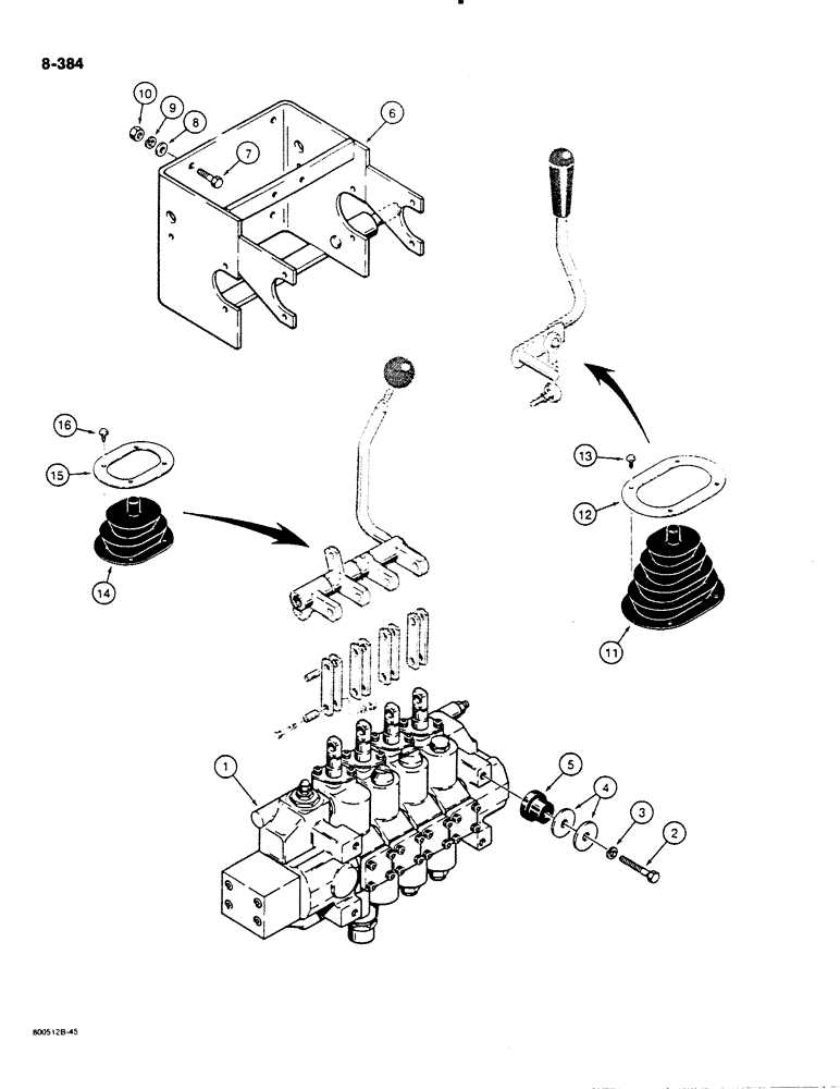 Схема запчастей Case 1455B - (8-384) - EQUIPMENT CONTROL VALVE MOUNTING, AND CONTROL LEVER BOOTS (08) - HYDRAULICS