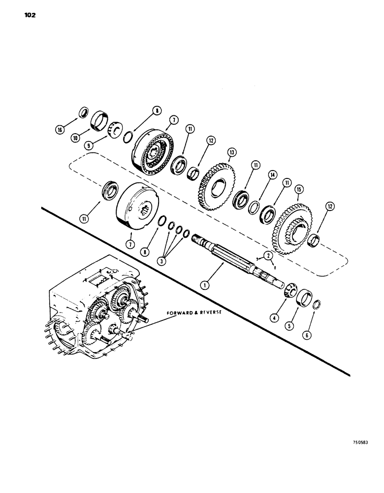 Схема запчастей Case 450 - (102) - TRANSMISSION HIGH AND LOW CLUTCH SHAFTS (03) - TRANSMISSION