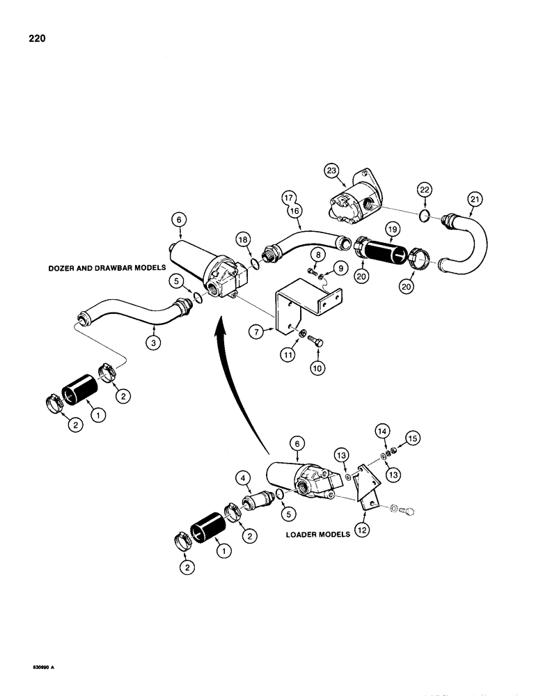 Схема запчастей Case 1150D - (220) - TRANSMISSION HYDRAULIC CIRCUIT, TRANSMISSION TO CHARGING PUMP SUCTION LINE (06) - POWER TRAIN