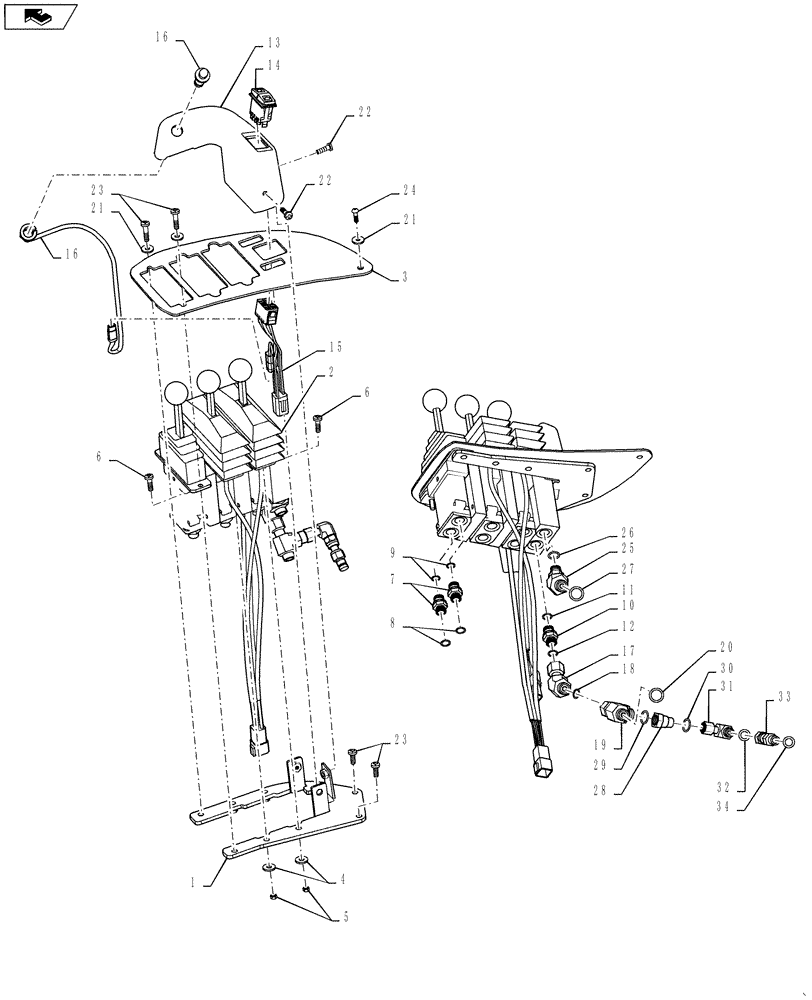 Схема запчастей Case 621F - (35.357.05) - 3 LEVER CONTROL INSTALLATION (35) - HYDRAULIC SYSTEMS