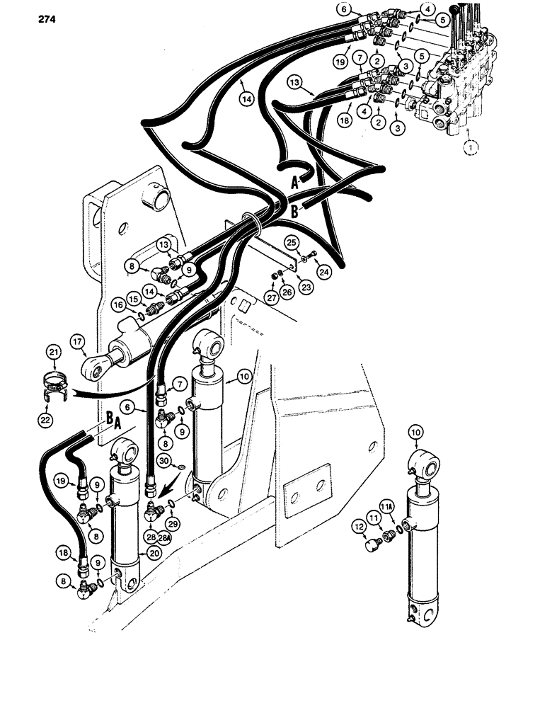 Схема запчастей Case 480D - (274) - THREE-POINT HITCH CYLINDER HYDRAULIC CIRCUIT, USED WITH HYD HITCH (35) - HYDRAULIC SYSTEMS