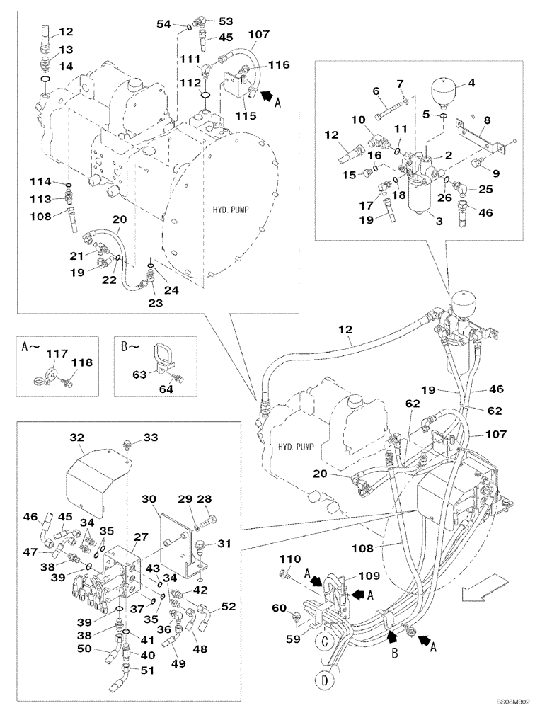 Схема запчастей Case CX350B - (08-85) - HYDRAULICS - PILOT PRESSURE, RETURN LINES (08) - HYDRAULICS