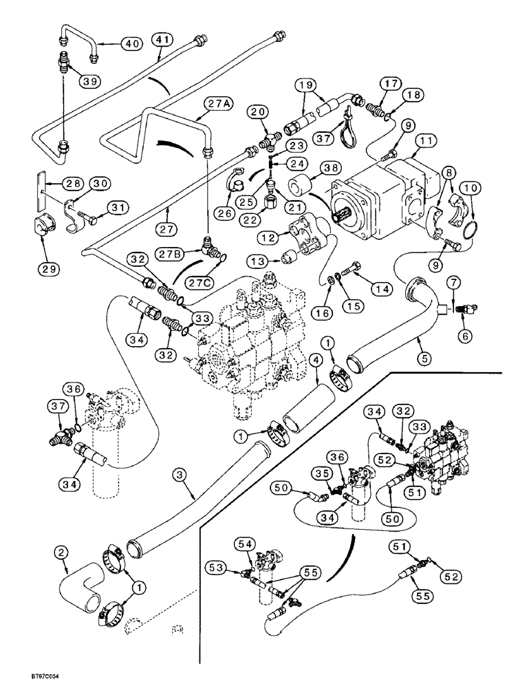 Схема запчастей Case 580L - (8-002) - EQUIPMENT HYDRAULIC SYSTEM, RESERVOIR TO LOADER CONTROL VALVE AND LOADER VALVE TO FILTER (08) - HYDRAULICS