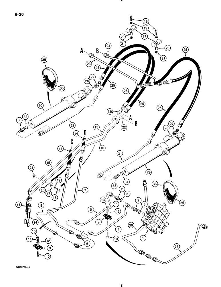 Схема запчастей Case 580K - (8-020) - LOADER BUCKET CYLINDER HYDRAULIC CIRCUIT (08) - HYDRAULICS