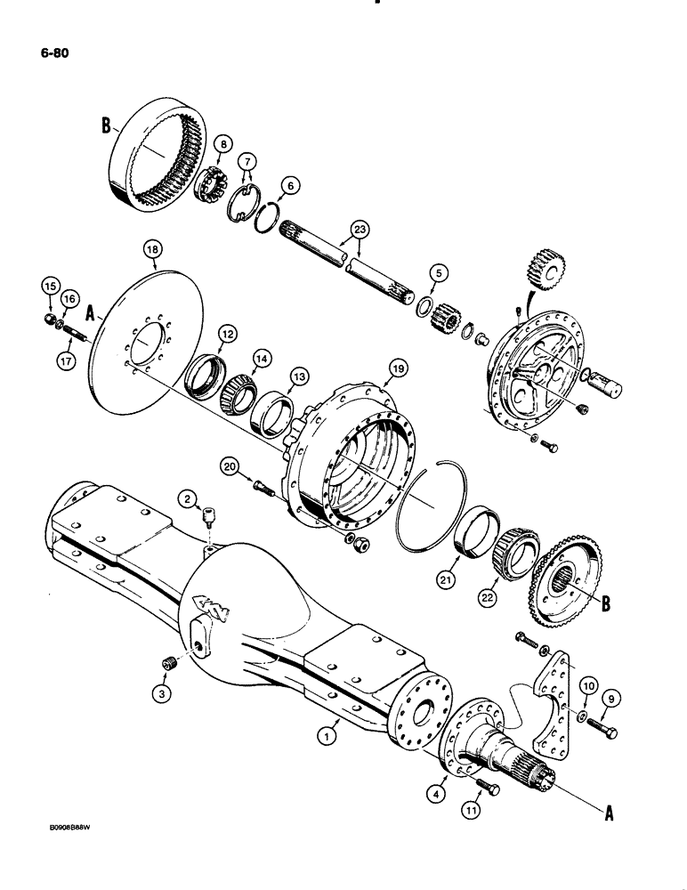 Схема запчастей Case 621 - (6-080) - REAR AXLE HOUSING AND PLANETARY, PRIOR TO P.I.N. JAK0020901 (06) - POWER TRAIN