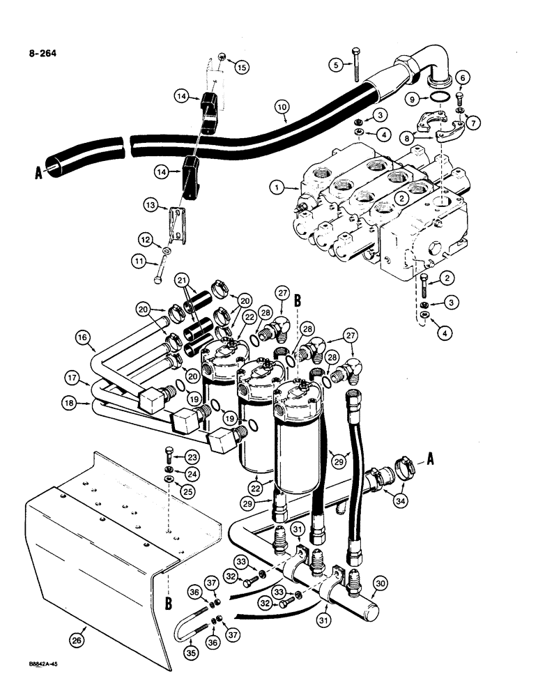 Схема запчастей Case W36 - (8-264) - LOADER HYDRAULIC CIRCUIT, VALVE TO FILTER AND HYDRAULIC RESERVOIR (08) - HYDRAULICS