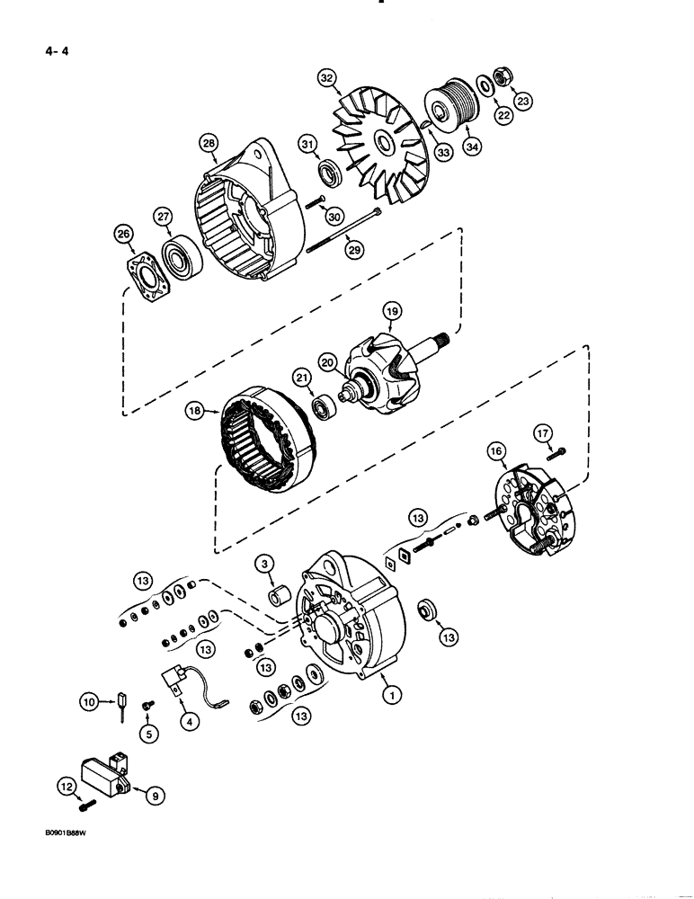 Схема запчастей Case 621 - (4-04) - ALTERNATOR ASSEMBLY, 65 AMPERE, 24 VOLT (04) - ELECTRICAL SYSTEMS