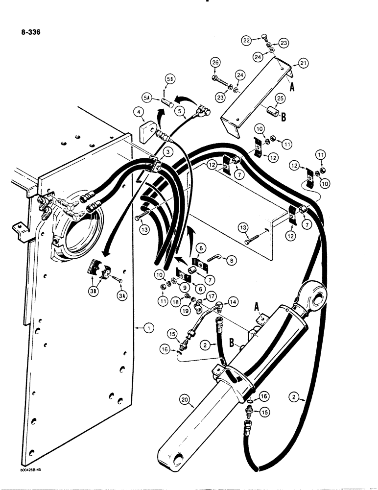 Схема запчастей Case 1455B - (8-336) - DOZER TILT HYDRAULIC CIRCUIT, TILT DOZER MODELS, SHROUD TO CYLINDER (08) - HYDRAULICS