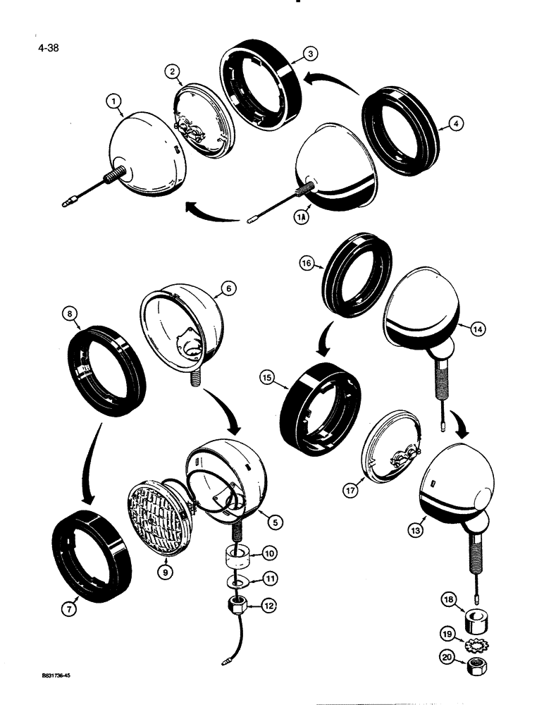 Схема запчастей Case 455C - (4-38) - INCANDESCENT LAMP ASSEMBLIES, IF USED, D88547 HEAD LAMP ASSEMBLY (04) - ELECTRICAL SYSTEMS