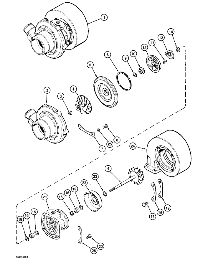 Схема запчастей Case 580SL - (2-24) - TURBOCHARGER ASSEMBLY, 4T-390 ENGINE (02) - ENGINE