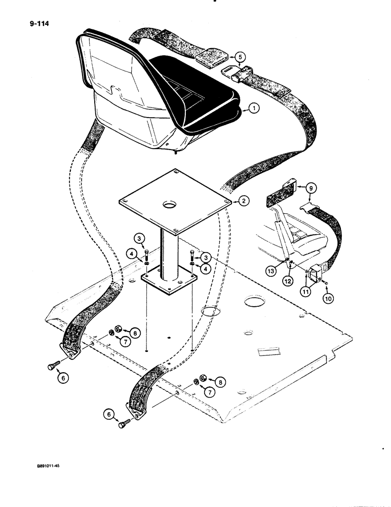 Схема запчастей Case 480E - (9-114) - SEAT MOUNTING PARTS AND SEAT BELT, 480E LL MODELS ONLY (09) - CHASSIS/ATTACHMENTS