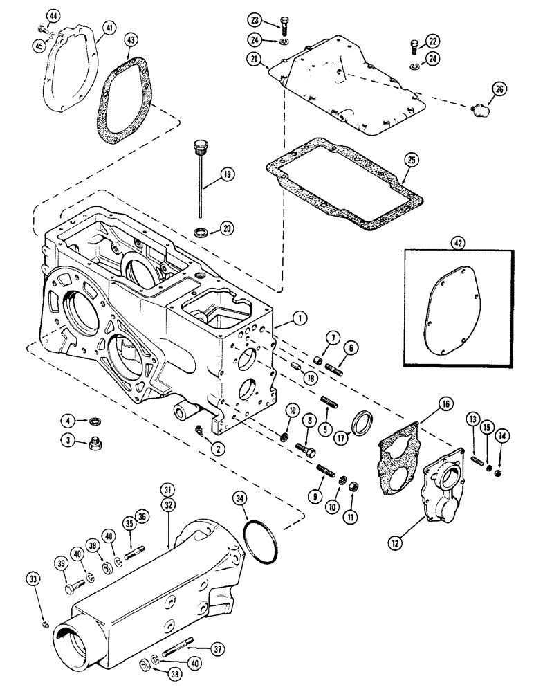 Схема запчастей Case 580 - (108) - TRANSMISSION CASE AND AXLE HOUSINGS (21) - TRANSMISSION