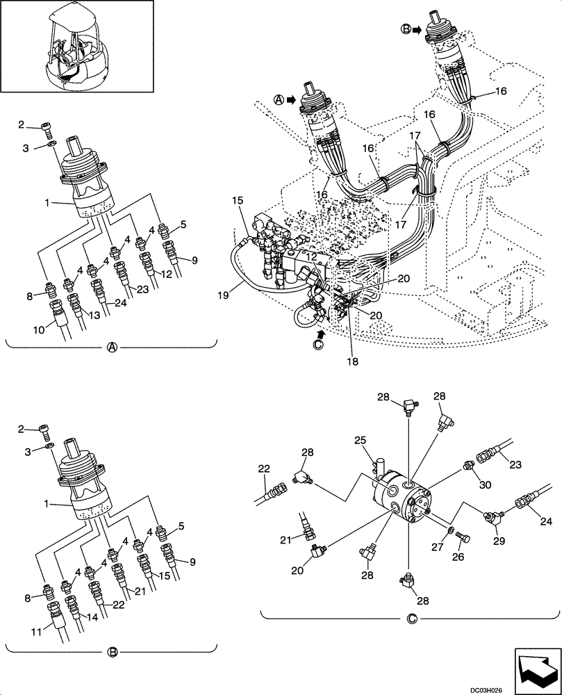 Схема запчастей Case CX25 - (08-08[00]) - HYDRAULICS - PILOT CONTROL LINES, REMOTE CONTROL (08) - HYDRAULICS