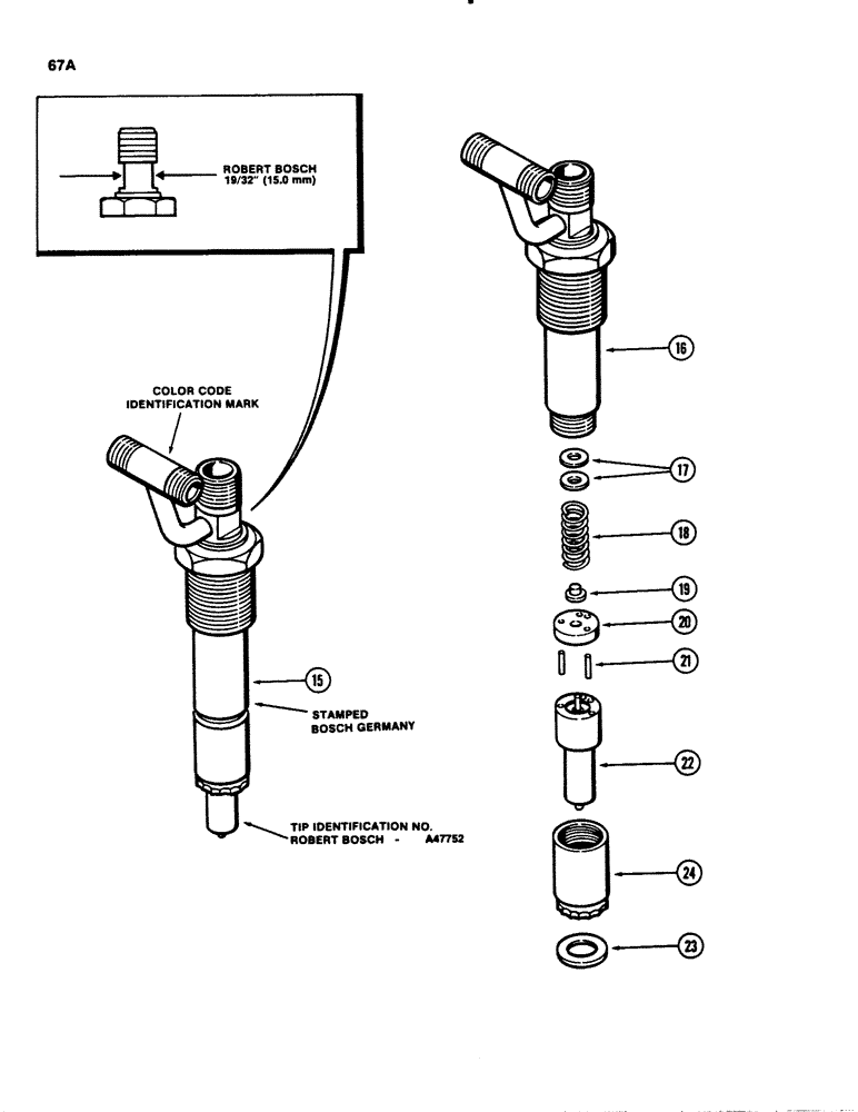 Схема запчастей Case 780B - (067A) - FUEL INJECTOR NOZZLE, 336BDT DIESEL ENGINE, RED COLOR CODE I.D. (03) - FUEL SYSTEM