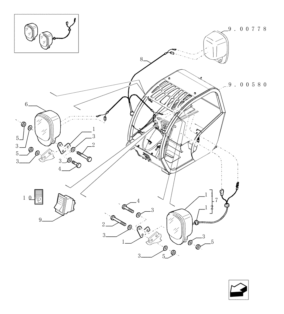 Схема запчастей Case TX1055 - (9.00773[01]) - FRONT WORK LIGHTS - OPTIONAL CODE 749036021 (55) - ELECTRICAL SYSTEMS