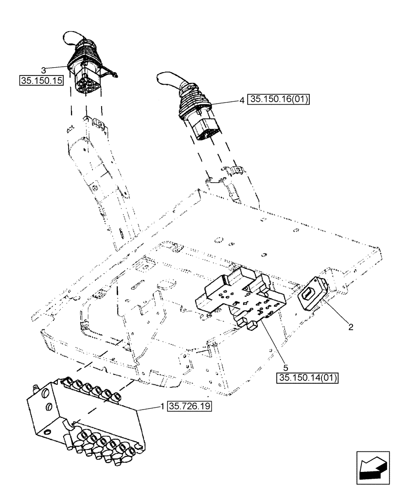 Схема запчастей Case 580SM - (35.726.03[01]) - HYDRAULICS - VALVE, PILOT CONTROL AND JOYSTICKS (6 SPOOL, W/O EXT DIPPER, W/O AUX HYDS) (580SM) (35) - HYDRAULIC SYSTEMS