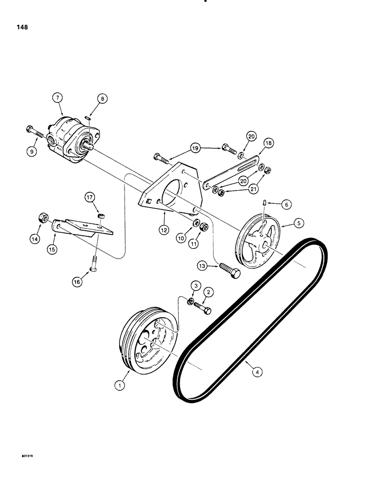 Схема запчастей Case SD100 - (148) - STEERING AND EQUIP. PUMP MOUNTING, W/ SINGLE GROOVE BELT, USED BEF. 40+4 S/N 3400, DEUTZ ENG. MODELS (41) - STEERING