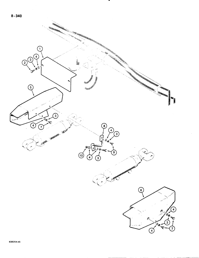 Схема запчастей Case 1455B - (8-340) - HOSE & CYL GUARDS, OPTIONAL DZER TILT HYD CIRT MECHANICAL ANGLE DZER, MODELS W/HOSES ON BACK OF BLAD (08) - HYDRAULICS