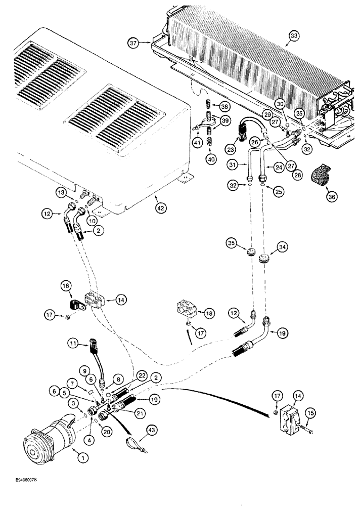 Схема запчастей Case 921 - (9-067A) - AIR CONDITIONING SYSTEM, COMPRESSOR TO CONDENSER AND EVAPORATOR CORE, P.I.N. JEE0040380 AND AFTER (09) - CHASSIS/ATTACHMENTS