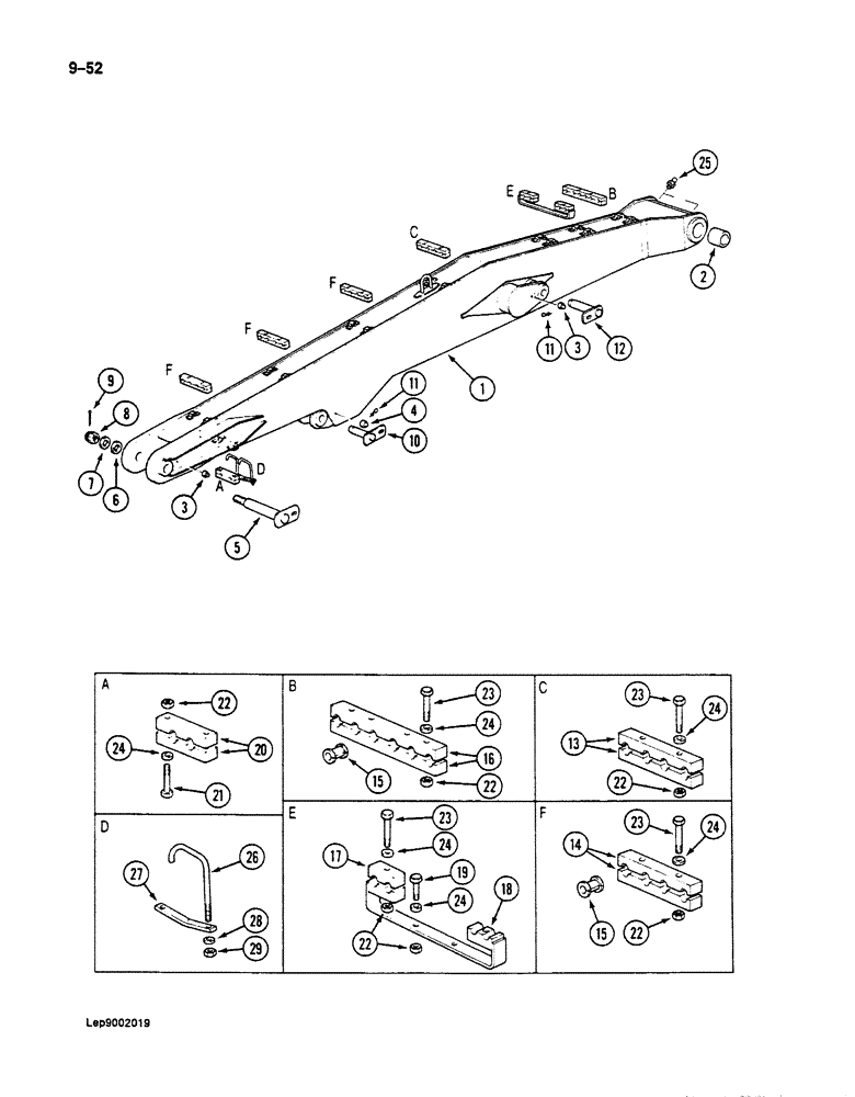 Схема запчастей Case 125B - (9-052) - REHANDLING BOOM AND RELATED PARTS, IF USED (09) - CHASSIS