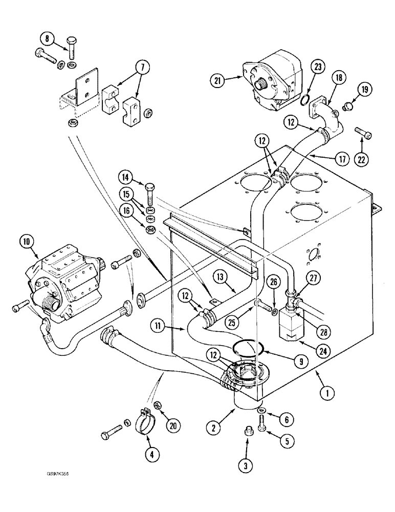 Схема запчастей Case 170C - (8-012) - HYDRAULIC PUMP LINES, RESERVOIR TO HYDRAULIC PUMP, P.I.N. 02371 AND AFTER (08) - HYDRAULICS