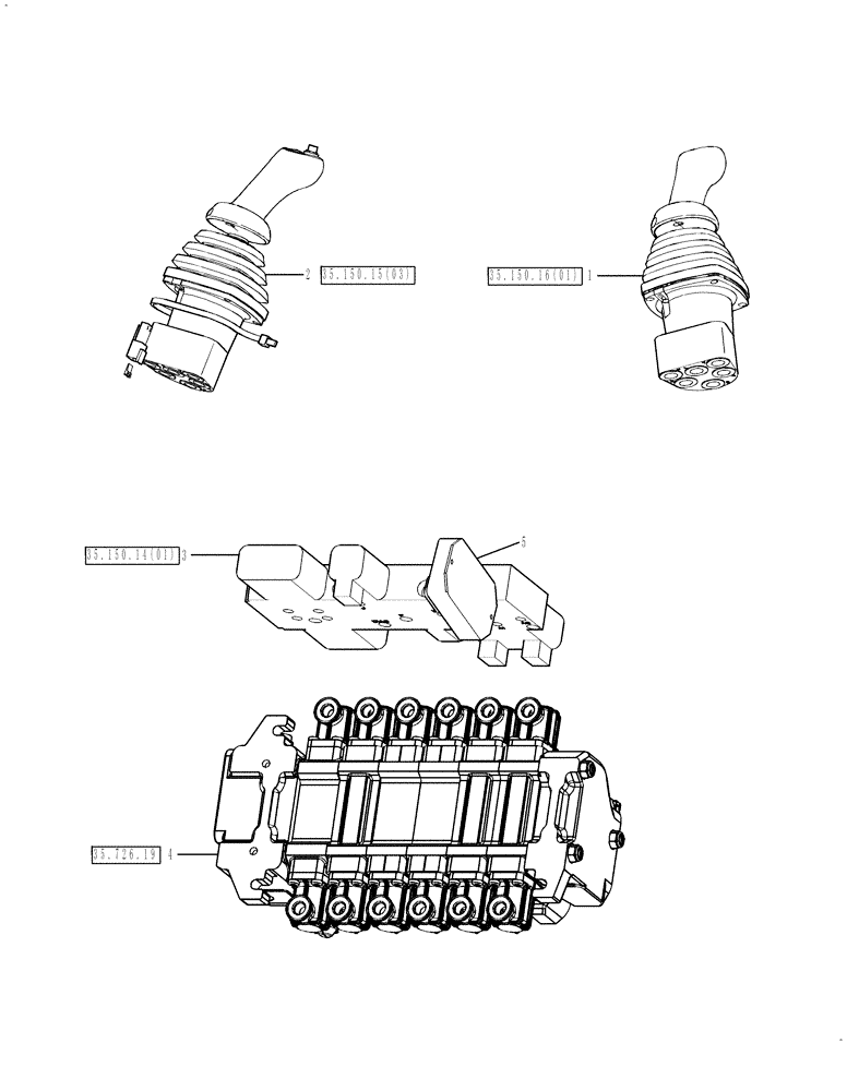 Схема запчастей Case 580SN WT - (35.726.03[02]) - VALVE - PILOT CONTROL AND JOYSTICKS (6 SPOOL, W/O EXT DIPPER, W/O AUX HYDS) (35) - HYDRAULIC SYSTEMS