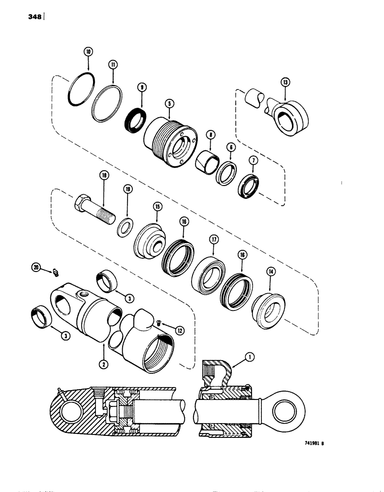 Схема запчастей Case 680E - (348) - G34829 BACKHOE STABILIZER CYLINDER, WITH TWO PIECE PISTON (35) - HYDRAULIC SYSTEMS