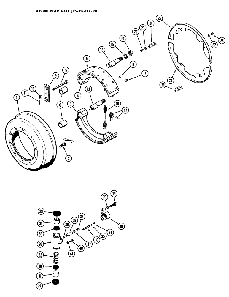 Схема запчастей Case W9B - (178) - A19081 REAR STEERING AXLE, EARLY PRODUCTION, REAR BRAKE DRUM AND LININGS (06) - POWER TRAIN