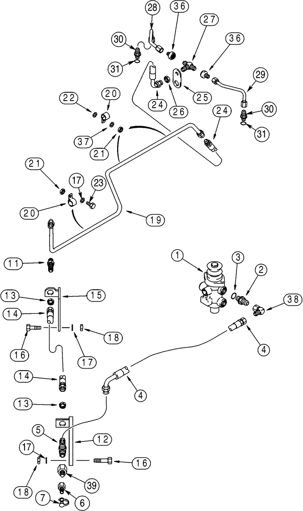 Схема запчастей Case 621C - (07-025A) - HYDRAULICS - BRAKE, MAIN, MAIN BRAKE VALVE TO FRONT AXLE, AXLE : 293098A1 (07) - BRAKES