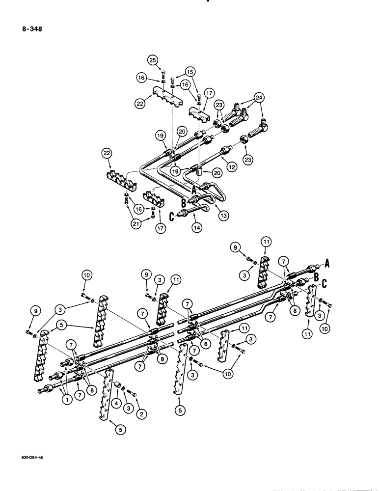 Схема запчастей Case 1455B - (8-348) - DOZER TILT AND PITCH HYDRAULIC CIRCUIT, ANGLE TILT PITCH DZER MODELS, TUBES TO GRILLE (08) - HYDRAULICS