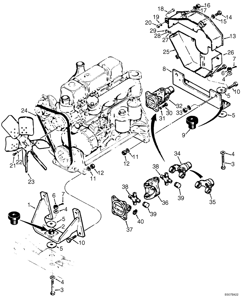 Схема запчастей Case 1845 - (010) - ENGINE MOUNTING, FLYWHEEL GUARD, FAN AND FAN BELT (10) - ENGINE