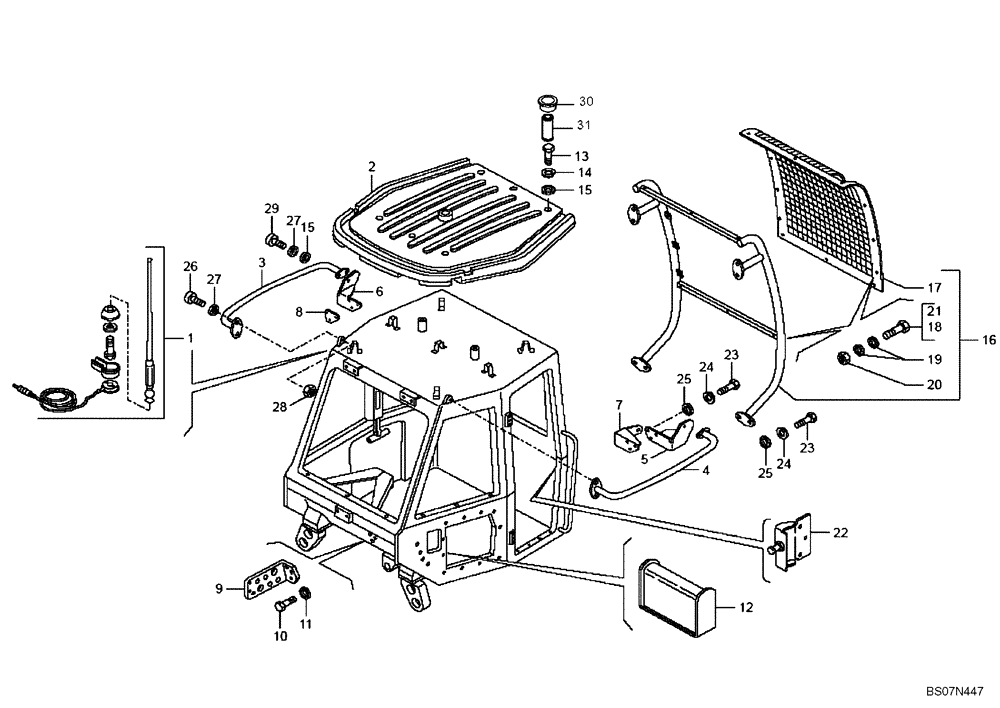 Схема запчастей Case 340 - (51A00001287[001]) - DRIVER CAB - ACCESSORIES - SHIELDS - ANTENNA (87365949) (90) - PLATFORM, CAB, BODYWORK AND DECALS