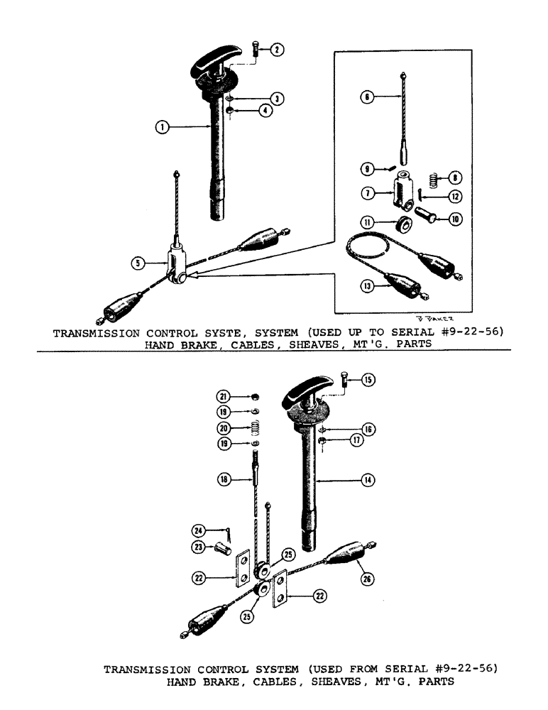 Схема запчастей Case 600 - (088) - TRANSMISSION CONTROL SYSTEM, HAND BRAKE, CABLES, SHEAVES, MTG. PARTS (USED FROM S/N 10-2-56) (03) - TRANSMISSION