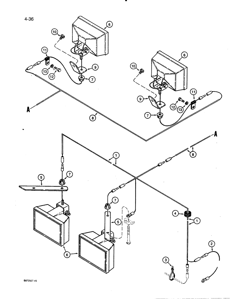 Схема запчастей Case 455C - (4-36) - HALOGEN LAMPS AND WIRING, MODELS WITH ROPS CANOPY (04) - ELECTRICAL SYSTEMS