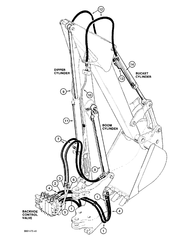 Схема запчастей Case 480F - (1-18) - PICTORIAL INDEX, 12 AND 14 FOOT BACKHOE HYDRAULICS, BOOM, DIPPER, AND BUCKET (00) - PICTORIAL INDEX