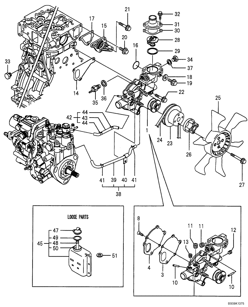 Схема запчастей Case CX50B - (08-010) - COOLING WATER SYSTEM ENGINE COMPONENTS