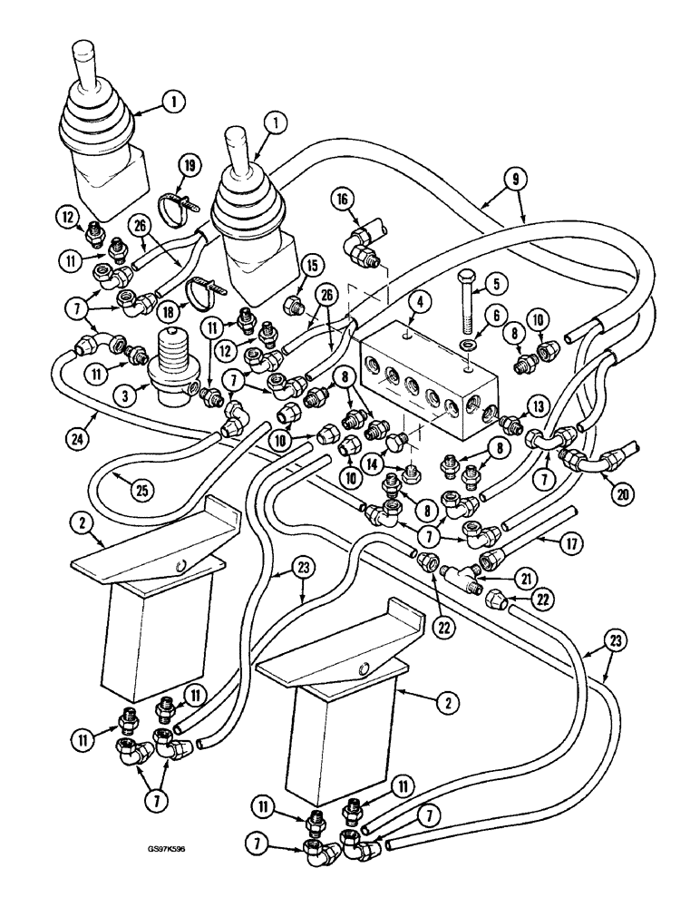 Схема запчастей Case 220B - (8-070) - HYDRAULIC CIRCUIT FOR CONTROLS,MANIFOLD TO HAND/FOOT CONTROL VALVS,PIN 74570 - 74597,PIN 03201 & AFT (08) - HYDRAULICS