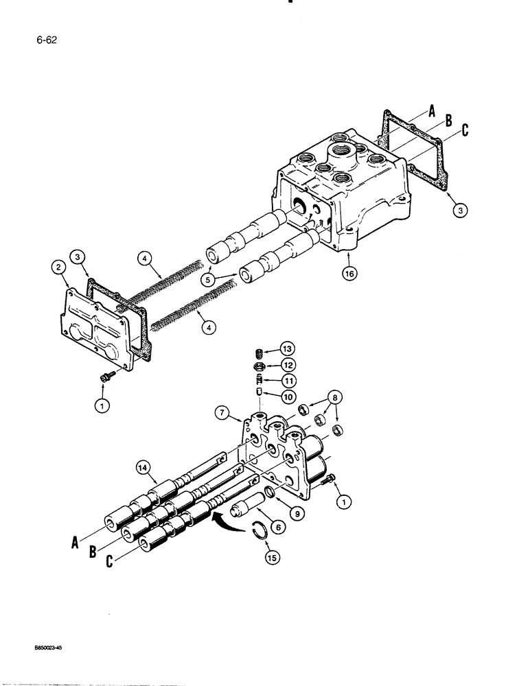 Схема запчастей Case 450C - (6-62) - TRANSMISSION CONTROL VALVE ASSEMBLY, USED ON P.I.N. GBE 0001501 AND AFTER (06) - POWER TRAIN