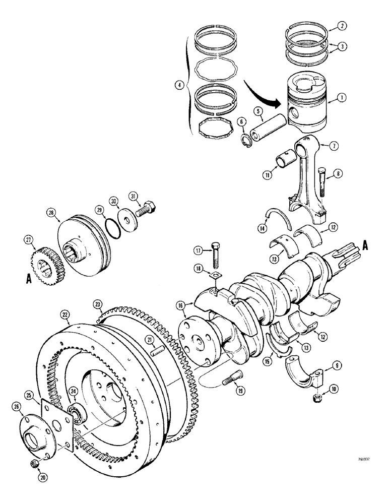 Схема запчастей Case 380CK - (020) - CRANKSHAFT, FLYWHEEL AND PISTONS (02) - ENGINE