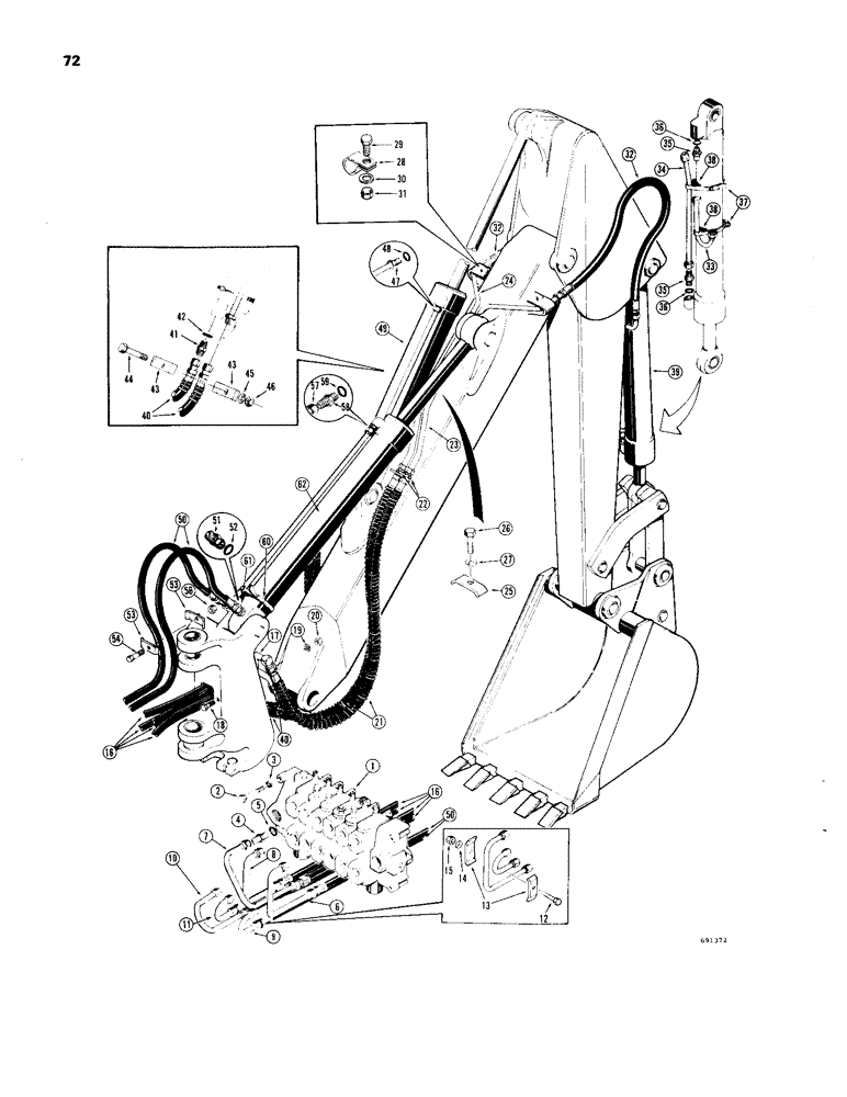 Схема запчастей Case 33 - (072) - BOOM, CROWD AND BUCKET CYLINDER HYDRAULICS, (USED ON BACKHOE SN 4157852 & AFTER) 