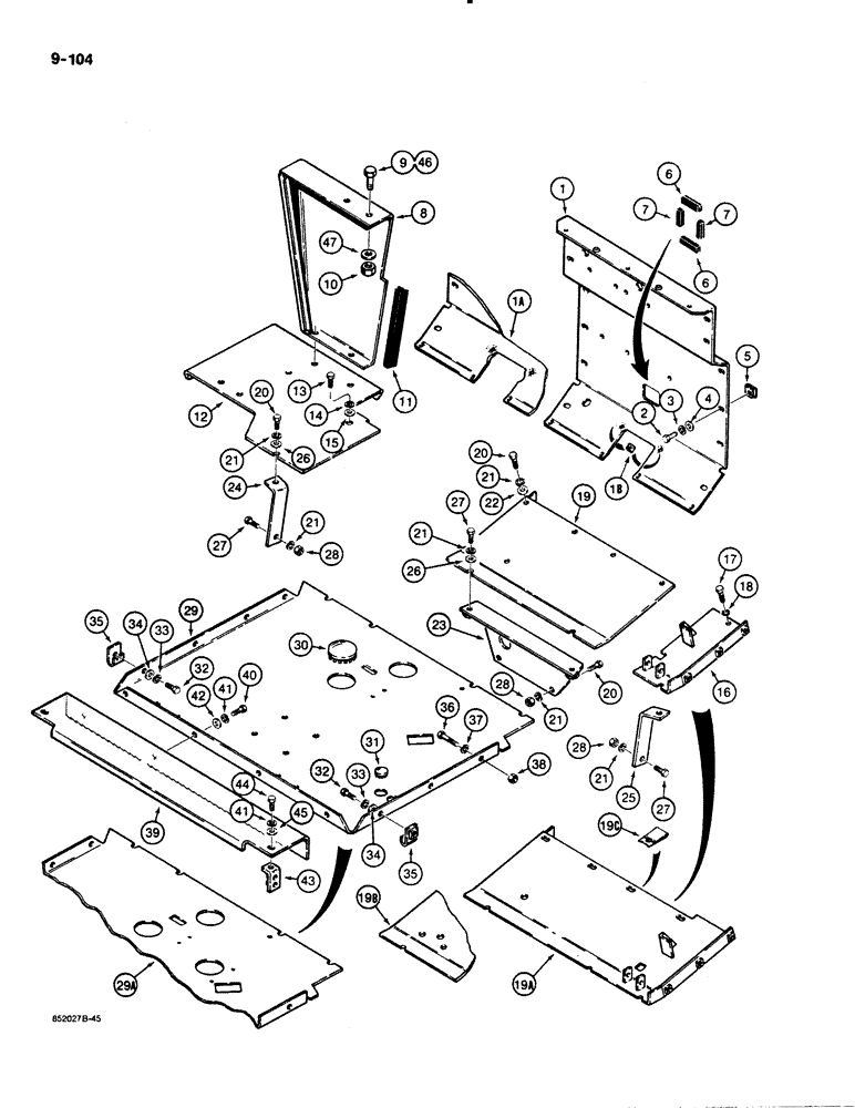 Схема запчастей Case 480E - (9-104) - FLOOR PLATES AND FIREWALL, 480E MODELS ONLY (09) - CHASSIS/ATTACHMENTS