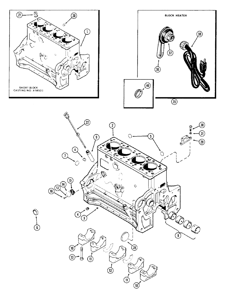 Схема запчастей Case 680CK - (016) - CYLINDER BLOCK, (301B) DIESEL ENGINE, CYLINDER BLOCK HEATER (10) - ENGINE