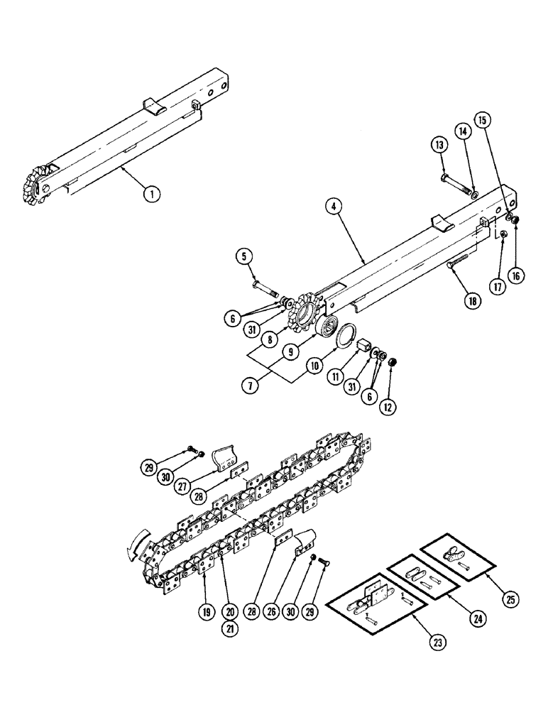 Схема запчастей Case 70 - (16) - DIGGING BOOM, CHAIN, DIGGING TEETH 