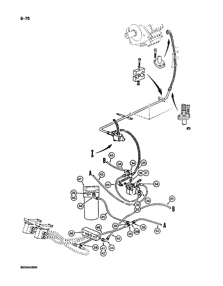 Схема запчастей Case 125B - (8-070) - HYDRAULIC CIRCUIT FOR PILOT CONTROLS, P.I.N. 74251 THROUGH 74300 (08) - HYDRAULICS