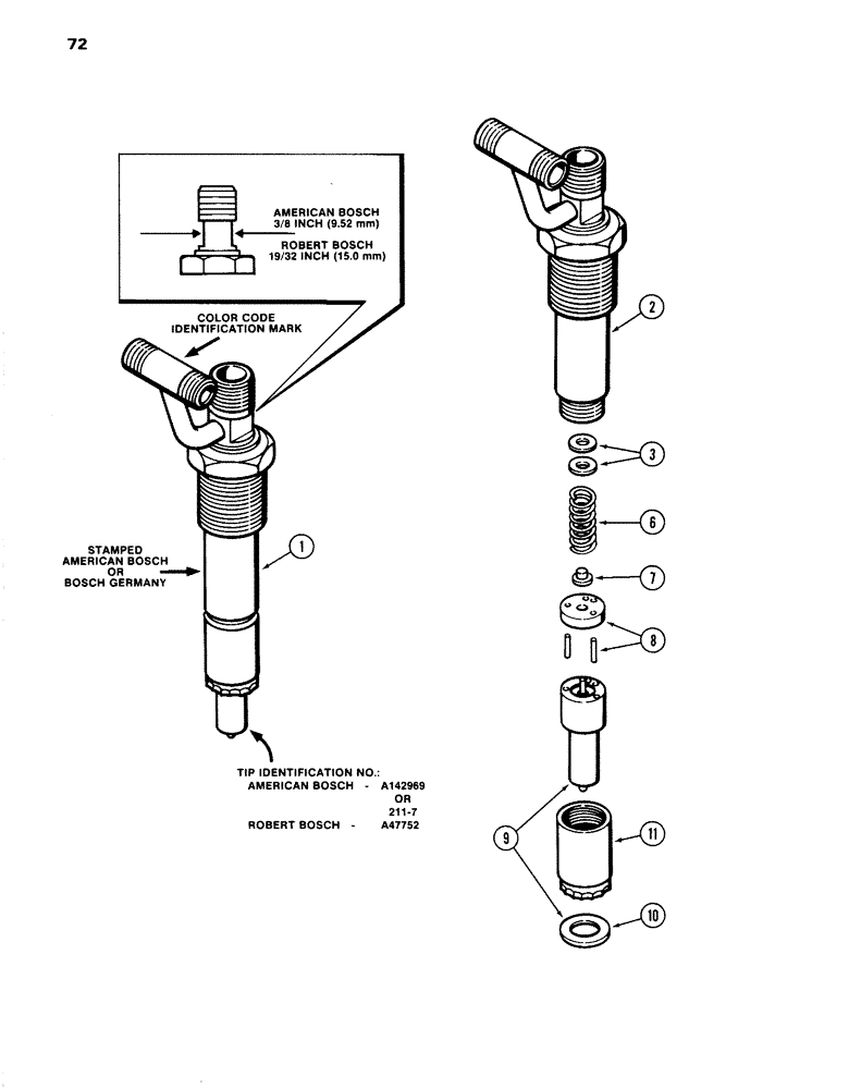 Схема запчастей Case 1280 - (072) - FUEL INJECTOR NOZZLE, 504BDT DIESEL ENGINE, RED COLOR CODE IDENTIFICATION (01) - ENGINE